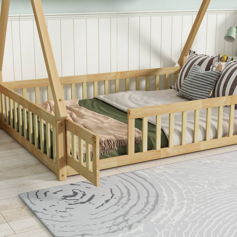 Tent-Shaped Floor Bed, Wooden Kids Teepee Bed with Fence and Door