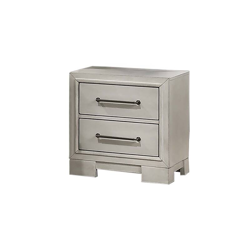 Modern Style 4pc Bed Dresser Mirror Nightstand Set Squared Legs Silver Handles Light Gray Finish Bedroom Furniture