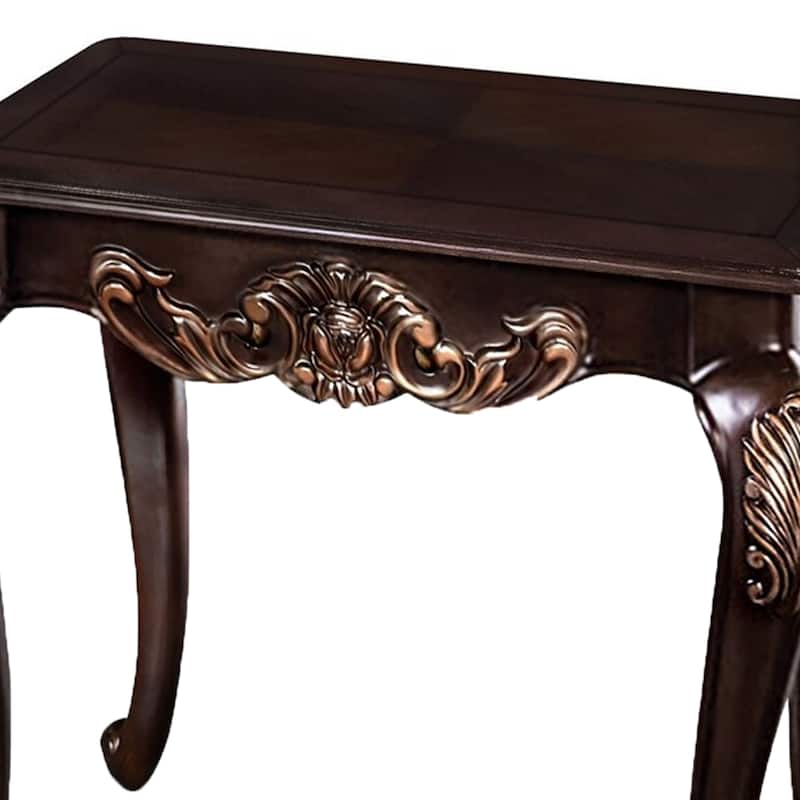 Astor End Table, 29 Inch Dark Cherry Brown Wood, Carved Details