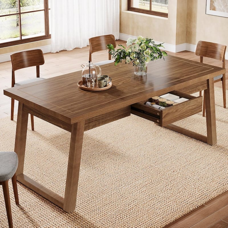 55 Inches Dining Table with Storage Drawer, Rectangular Dinner Kitchen Table