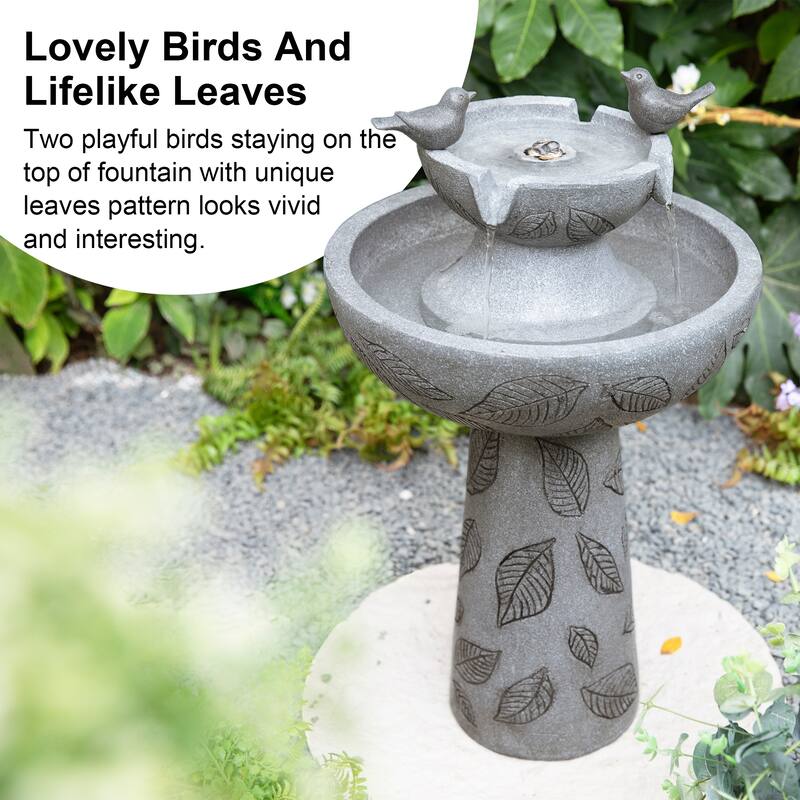Glitzhome Birdbath Polyresin Outdoor Fountain with Birds, Pump and LED Light