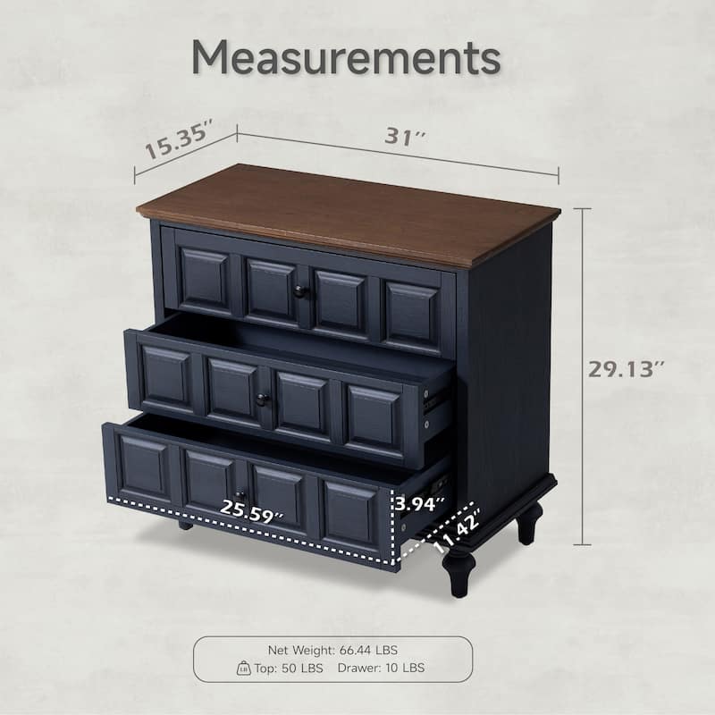 COZAYH Retro 3 Drawer Dresser with Plaid Pattern Front, Rustic Nightstand With Storage Chest For Bedroom, Living Room