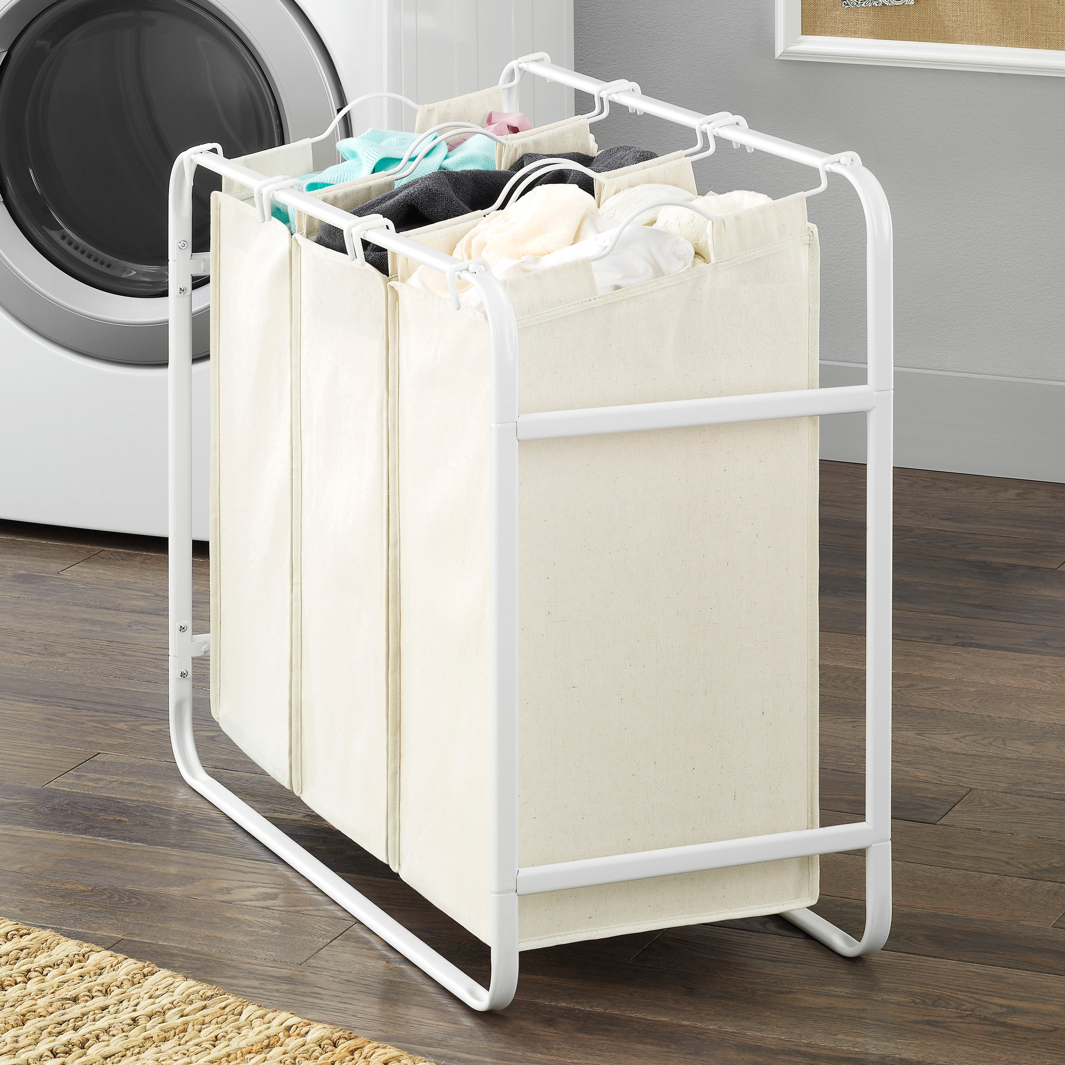Retro Triple Laundry Sorter-3 Removable Canvas Bags - White & Canvas