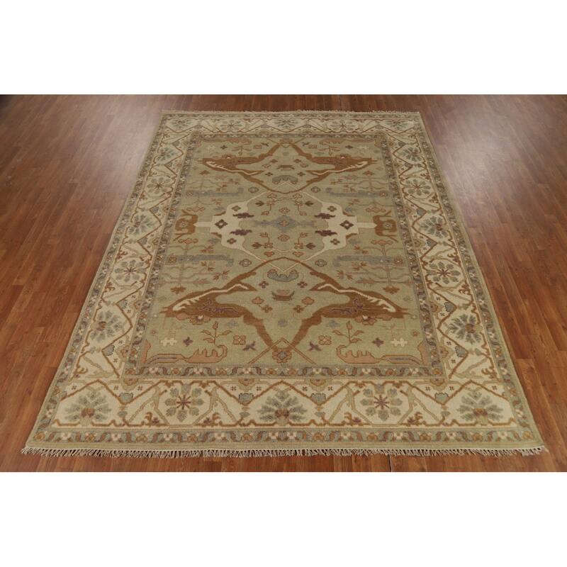 Light Green Oushak Indian Rug Hand-Knotted Wool Carpet - 7'9"x 9'8"