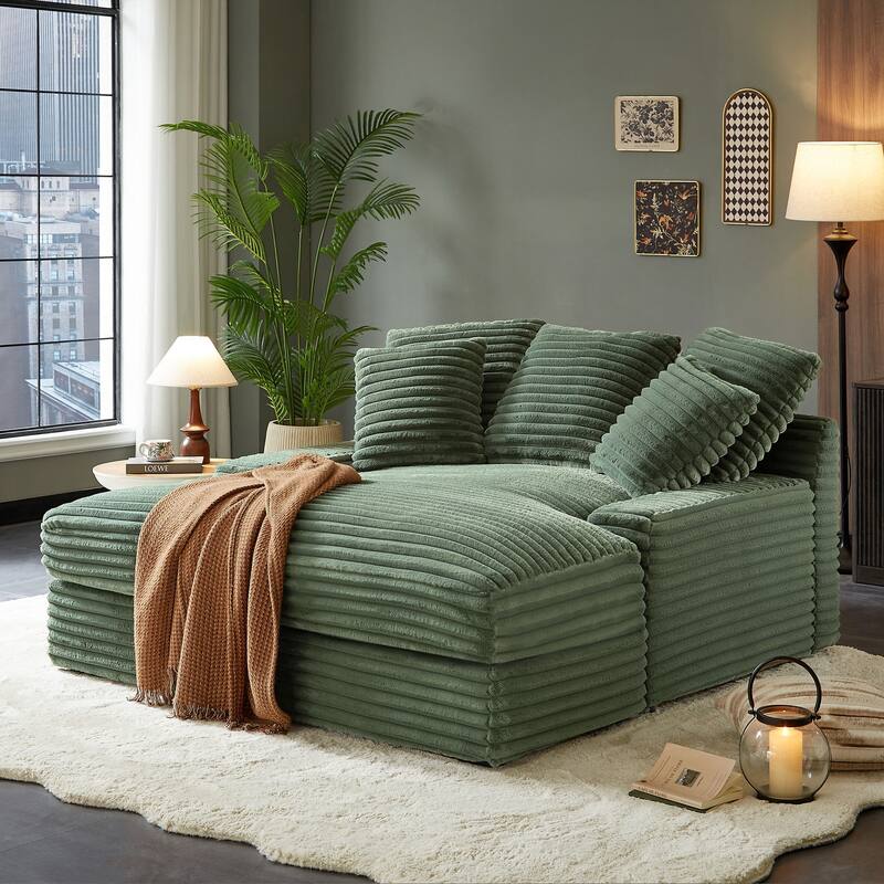 Modern Double Sleeper Sofa Comfortable Cloud Couch Soft Fluffy Corduroy Upholstery With Square Armrests Bedroom