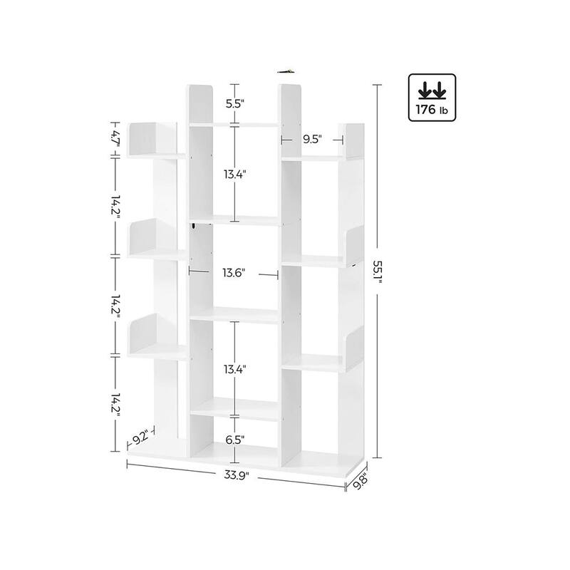 Bookshelf, Tree-Shaped Bookcase with 13 Storage Shelves, Rounded Corners - 33.9"L x 9.8"W x 55.1"H (86 x 25 x 140 cm)