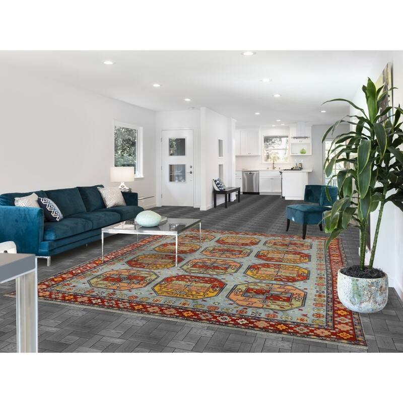 Geometric Blue Khotan Indian Area Rug Handmade Wool Carpet - 7'11"x 9'10"