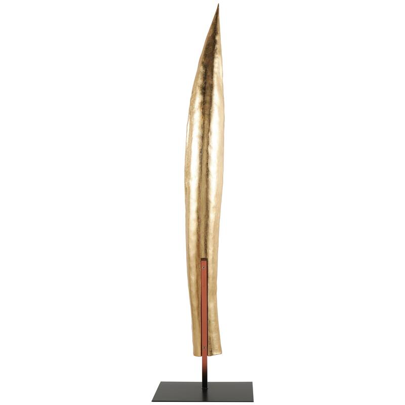 Gold Polystone Slim Abstract Leaf Sculpture with Black Metal Stand