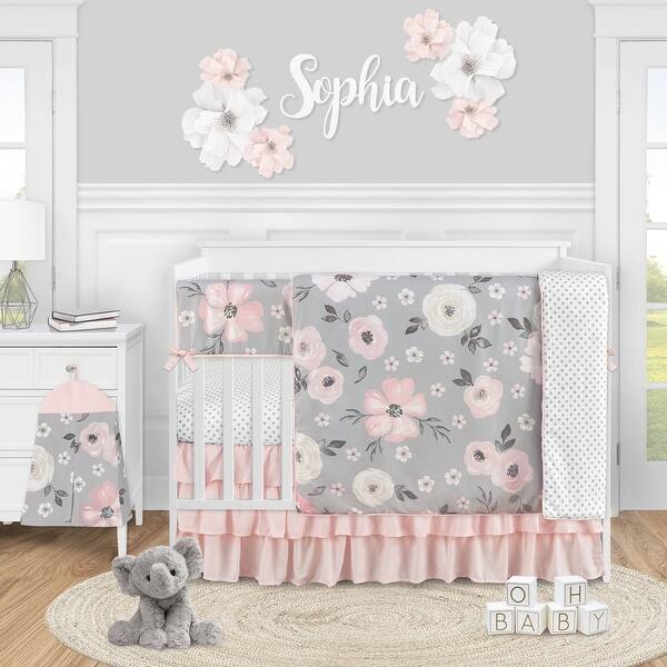 Grey Watercolor Floral Girl 5pc Nursery Crib Bedding Set Blush Pink Gray White Shabby Chic Rose Flower Polka Dot Farmhouse Overstock 31785119