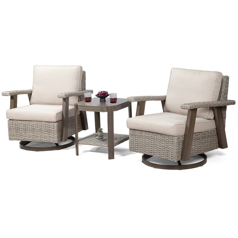 Cozywor 3-Piece Wicker Patio Swivel Rocking Chair Conversation Set