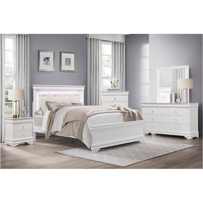 Eran 5 Piece White Modern Faux Leather Upholstered Tufted LED Panel Bedroom Set