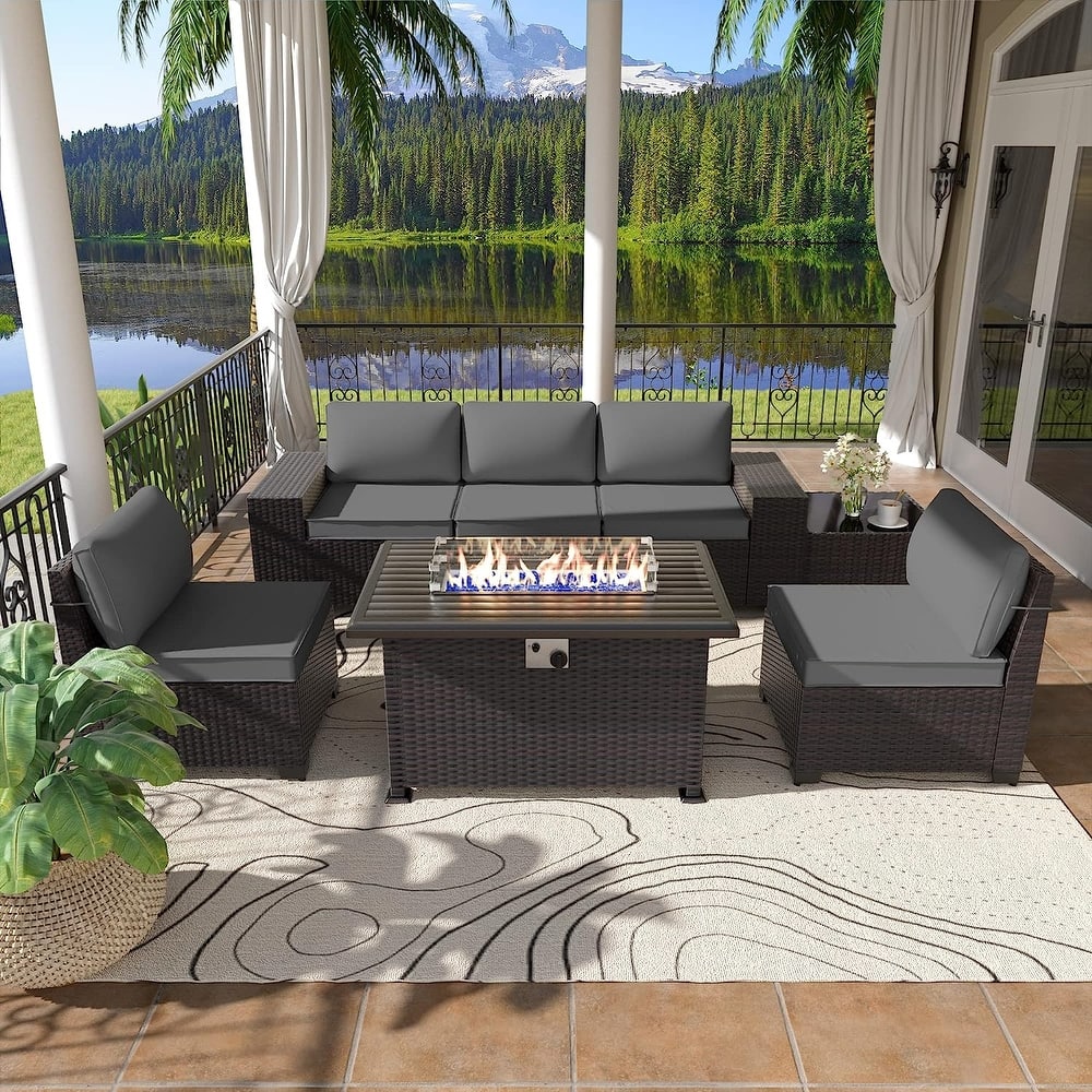 Delnavik 7 Pieces Rattan Outdoor Patio Furniture Sofa Set with Firepit - 7 pcs