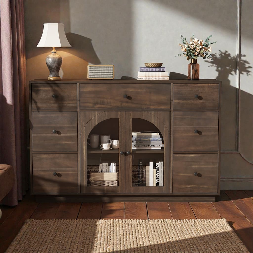 55'' Storage Cabinet with 7 Drawers and 2 Doors, Modern Sideboard with Adjustable Shelves for Living Room