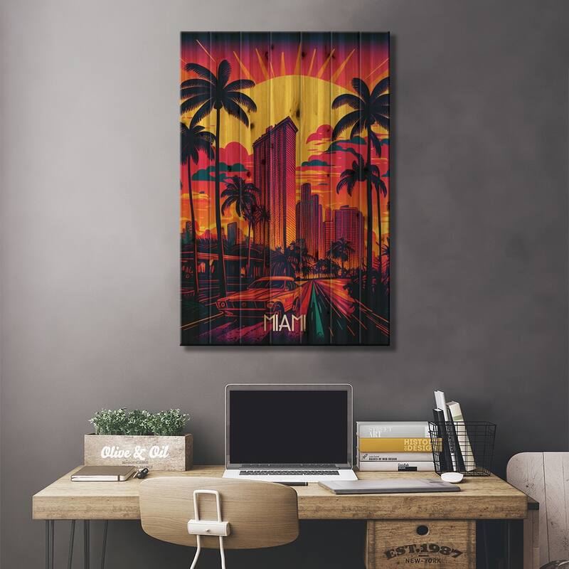 Miami City Print On Wood by Durro Art - Multi-Color