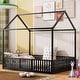 preview thumbnail 2 of 26, Full Size House Design Platform Bed, Metal Floor Bed Frame with Fence, Door and Roof, No Box Spring Needed for Bedroom