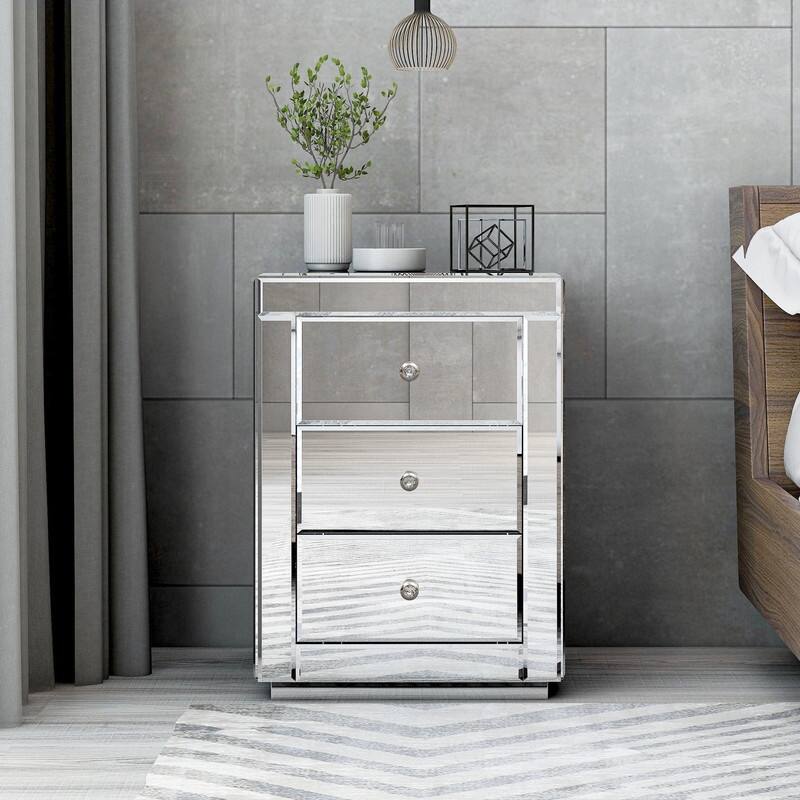 Modern Mirrored Nightstand with 3 Storage Drawers,Crystal Knobs ...