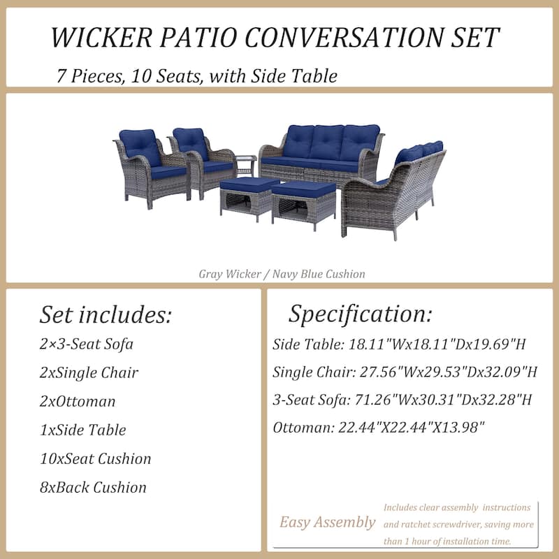 High Back Wicker 7 Piece Outdoor Patio Furniture Seating Sofa Set