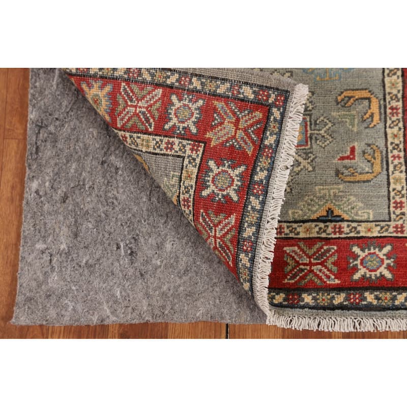 Geometric Kazak Oriental Runner Rug Hand-Knotted Grey Wool Carpet - 2'3" x 5'11"