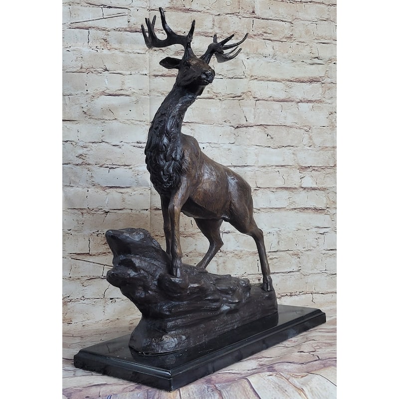 Elk Reindeer Caribou Stag Buck Wildlife Bronze Statue Sculpture On Marble Base