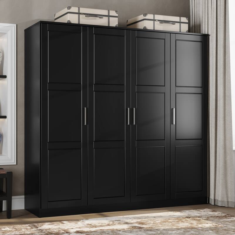 100% Solid Wood Cosmo 4-Door Wardrobe with Solid Wood or Mirrored Doors - Black