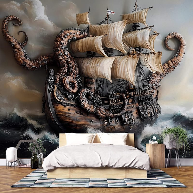 3D Kraken Pirate Ship Wallpaper Nautical Sea Monster Wallpaper