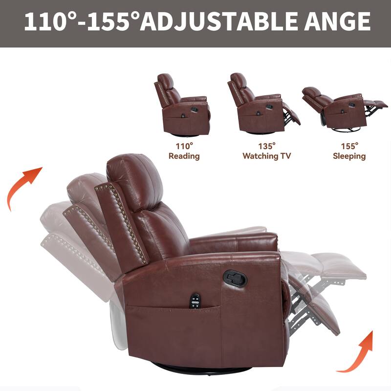 One Piece Genuine Leather Recliner Chair with Massage Heat Rocker and Swivel