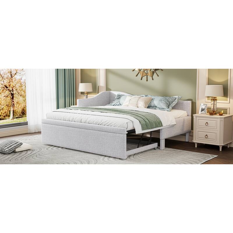 Roomfitters Twin Size Upholstered L-Shaped Daybed with Pop Up Trundle, Space Saving Fabric Sofa Bed Frame with Slats