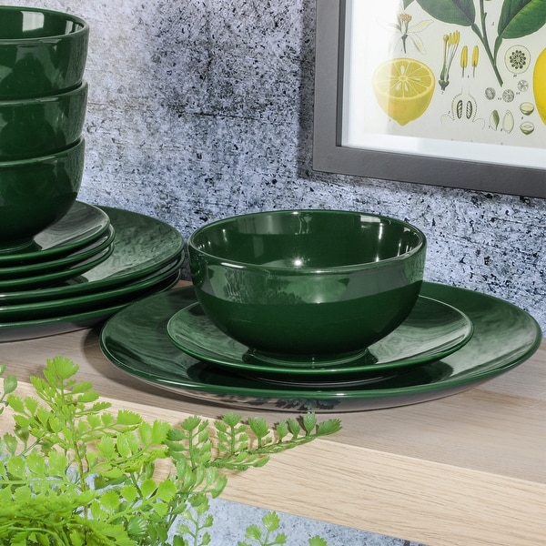 Simply Essential Coupe 12 Piece Round Stoneware Dinnerware Set in Hunter Green Service for 4