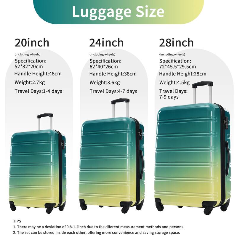 3-Piece, 20, 24, 28-Inch Modern Luggage Sets, Gradient Expandable Luggage with TSA Lock, for Boarding Travel, Green + Yellow