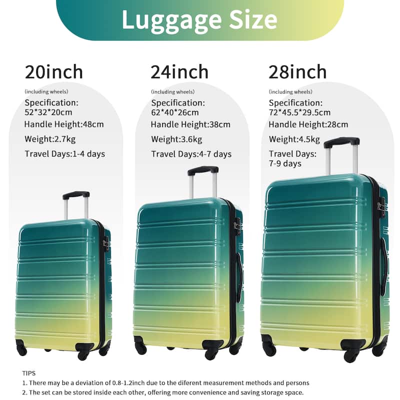 3 Piece Expandable Lightweight Hardshell Luggage Sets with Spinner Wheels and TSA Lock, for Home Travel, 20" 24" 28" Available