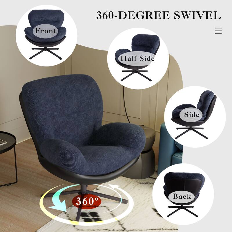 360° Swivel Accent Chair, Modern Chenille Lounge Chair with Faux Leather and Black Metal Base Frame, Comfortable Reading Chair