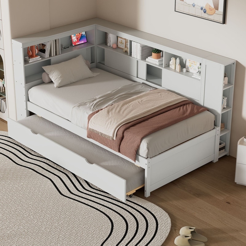 Twin Size Wood Daybed with Storage Shelves, USB and Trundle