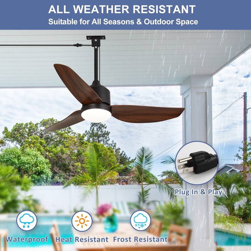 Outdoor Ceiling Fan with Light: 42-52 Inch Hanging - Plug in Waterproof Fans for Patio - Dimmable Remote App Control Black