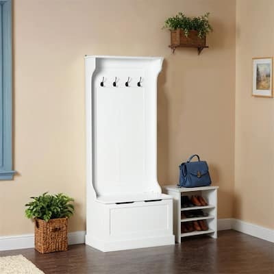 Hall Tree with Coat Rack,Storage and Sitting Bench,White