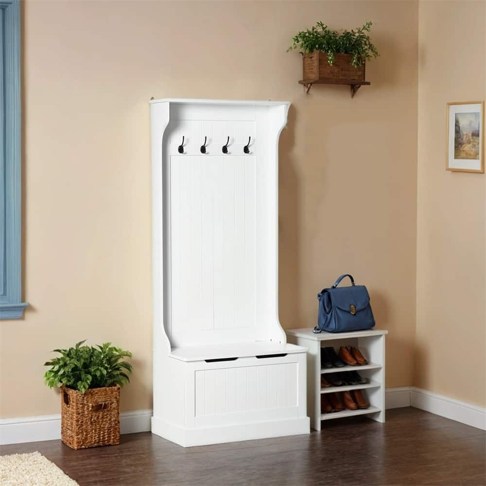 Hall Tree with Coat Rack,Storage and Sitting Bench,White