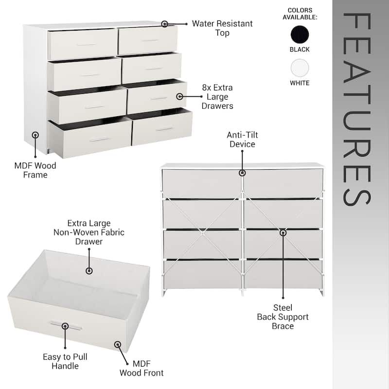 8 Drawer Dresser with Fabric Storage MDF Frame Modern Bedroom Organizer