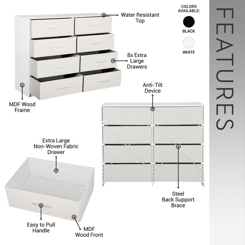 Modern Minimalist 8-Drawer Dresser with Large Fabric Drawers - White