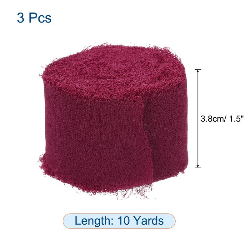 Chiffon Ribbon 1.5" x 10 Yard, Handmade Fringe Ribbon, Pack of 3 - Deep Red