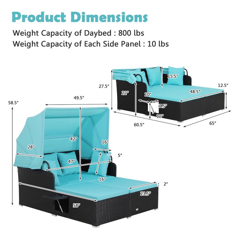 Costway Patio Rattan Daybed Lounge Retractable Top Canopy Side Tables - See Details