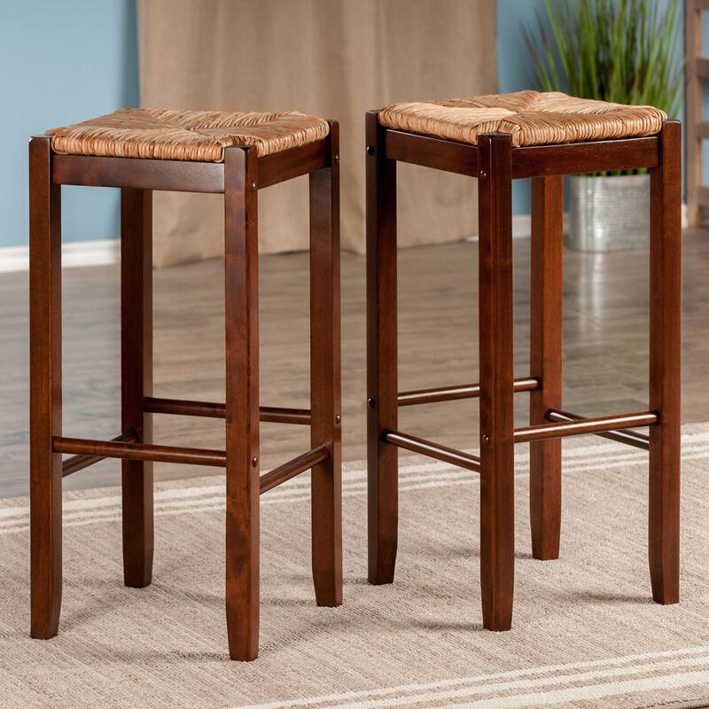 2-Pc Rush Seat Bar Stool Set, Walnut - 13.92 W x 13.92 D x 29.2 H inches - Walnut
