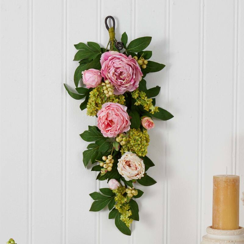 Artificial Flower Garland Pink Peony Decor 24In Modern Home Accent Indoor Plant - 24