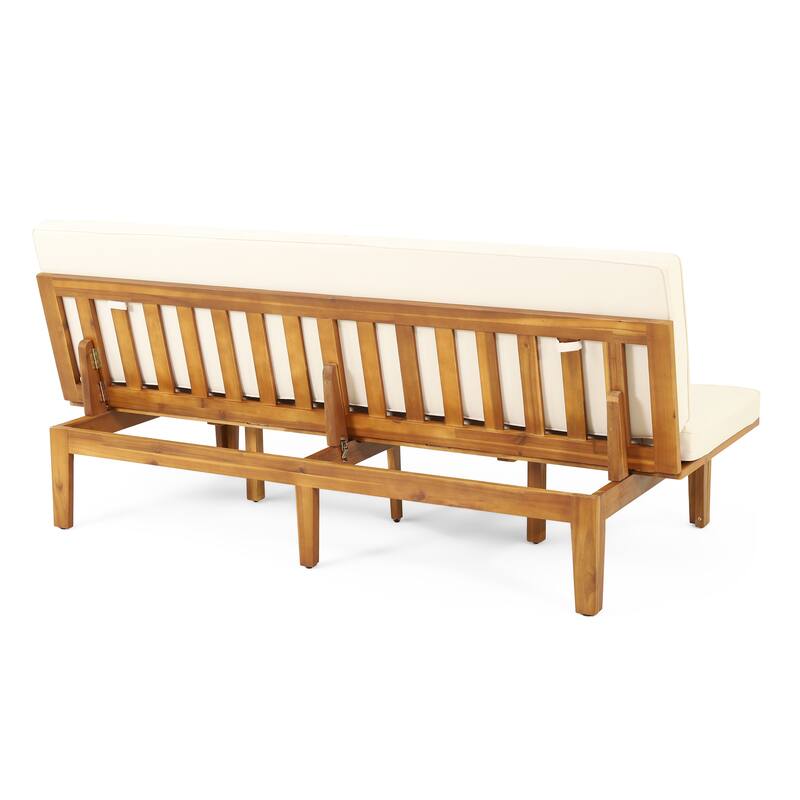 Roomfitters Adjustable Outdoor Wooden Bench with Slatted Backrest and Mid-Century Modern Design, Beige+Teak