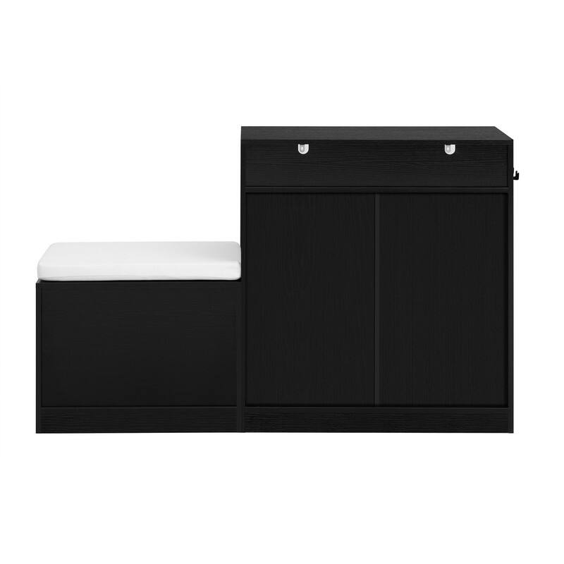 Entryway Bench Cabinet With Cushion, 2 Doors and 3-Tier Adjustable Shelves for Entryway Organization