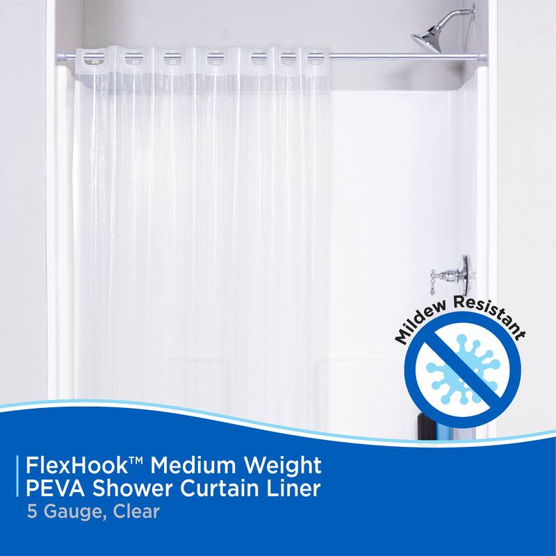 Kenney FlexHook Medium Weight PEVA Shower Curtain Liner, 71" W x 74" H