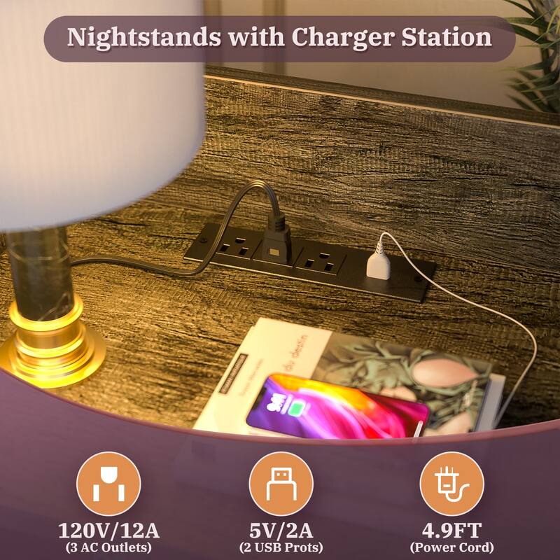 47" Nightstand with Charging Station and LED Lights,Industrial Bedside End Side Table with Adjustable Bookshelf Storage Cabinet