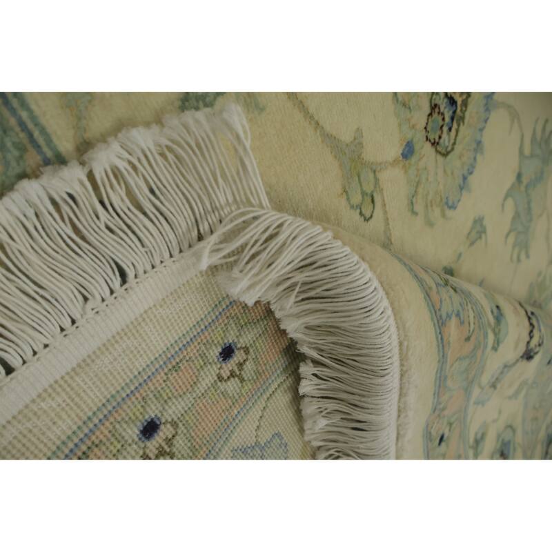 Hand Knotted Oriental Wool & Silk Carpet Traditional All-Over Beige & Ivories Tabriz Area Rug - 9' 10'' X 6' 4''