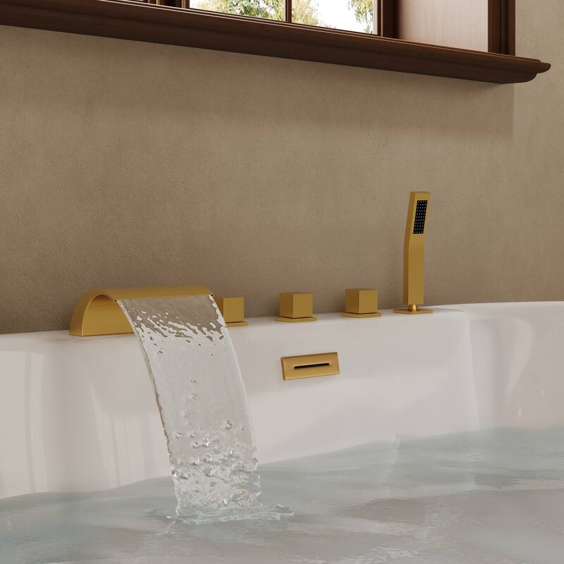 5-Hole 3-Handle Deck-Mount Waterfall Tub Faucet with Hand Shower,Waterfall Spout Bathtub Faucet