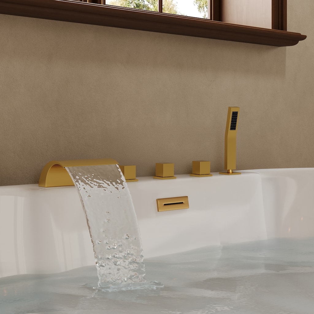 5-Hole 3-Handle Deck-Mount Waterfall Tub Faucet with Hand Shower,Waterfall Spout Bathtub Faucet