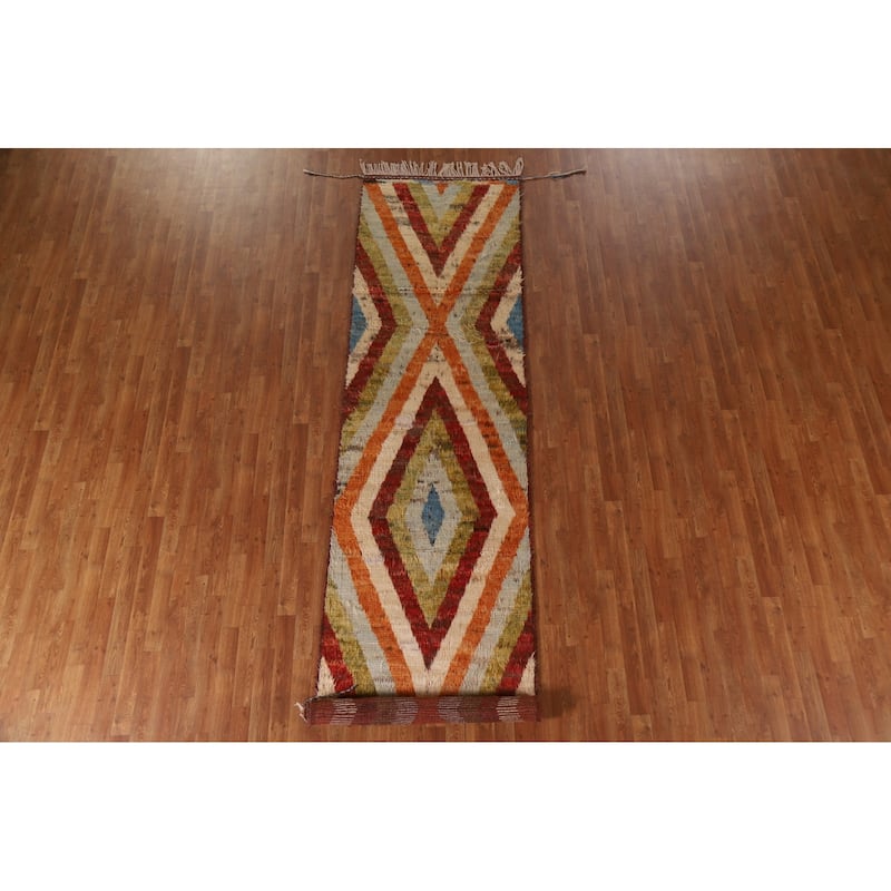 Hand Knotted Oriental 100% Wool Carpet Modern Geometric Multi-Colored Moroccan Runner Rug - 13' 3'' X 3' 2''