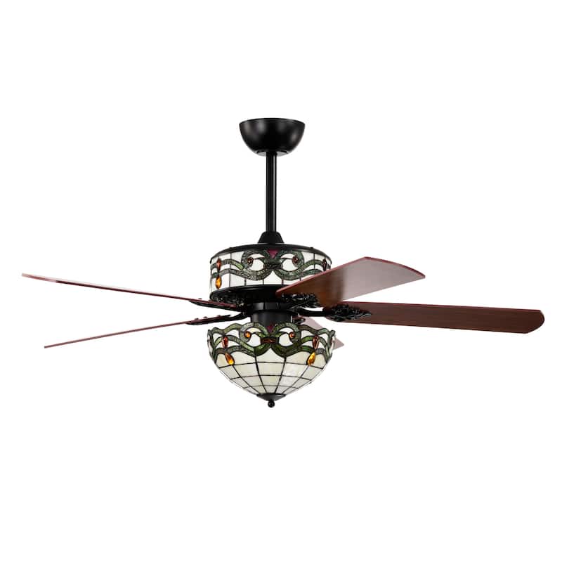 Elke Black Tiffany Style Two Tiered Lighted Ceiling Fan White and Green Shade with Remote Control - WhiteGreen